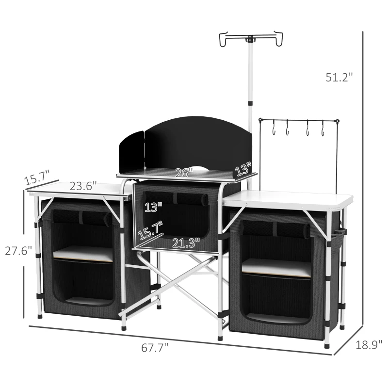 Outsunny Aluminum Camping Kitchen, Portable Folding Camping Table with Fabric Cupboards, Windshield, Bag for BBQ, Picnic, Black