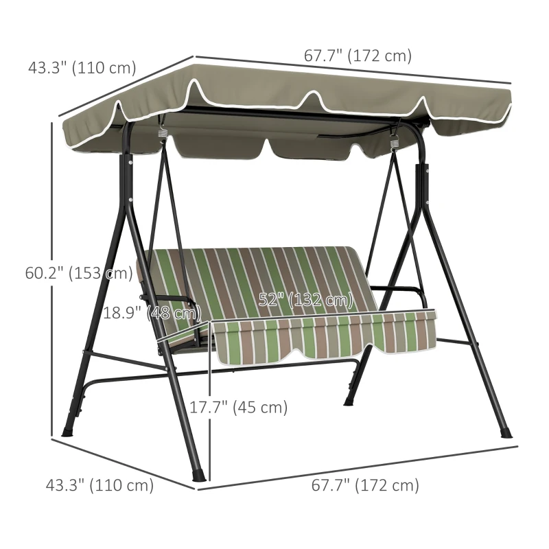 Outsunny 3-Seater Outdoor Porch Swing with Adjustable Canopy, Patio Swing Chair for Garden, Poolside, Backyard, Green and Brown