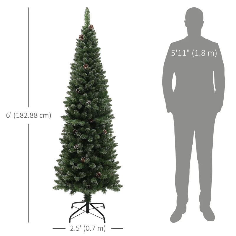 HOMCOM 6ft Artificial Pencil Christmas Tree with 618 Branches, Pinecones, Metal Stand, Realistic Xmas Tree for Home