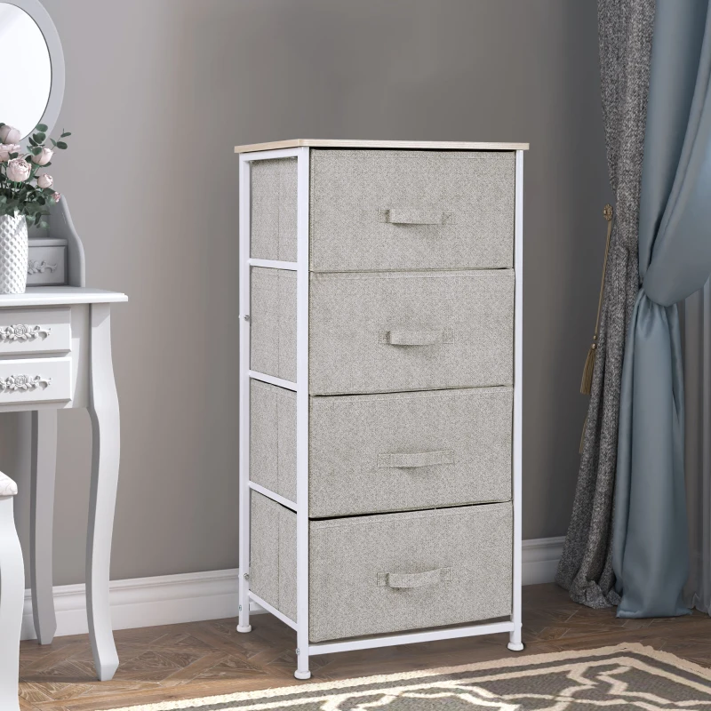HOMCOM Linen Drawer Cabinet Organizer Storage Dresser Tower with 4 Removable Drawer Metal Frame Adjustable Feet for Living Room, Kitchen, Bathroom, White