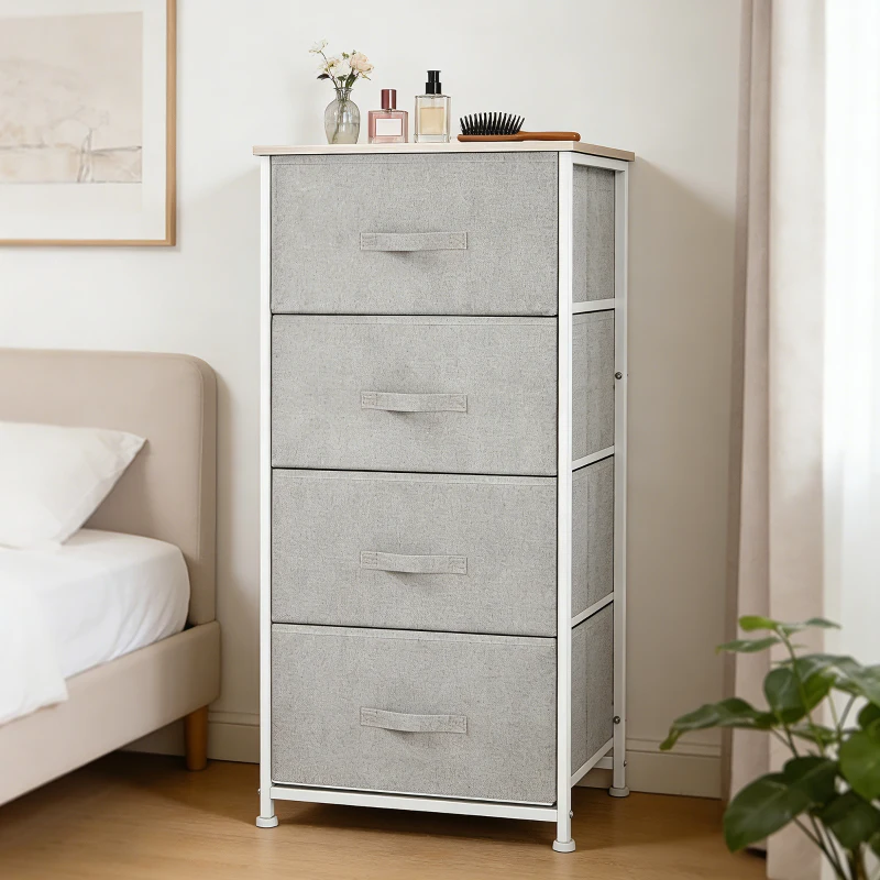 HOMCOM Linen Drawer Cabinet Organizer Storage Dresser Tower with 4 Removable Drawer Metal Frame Adjustable Feet for Living Room, Kitchen, Bathroom, White