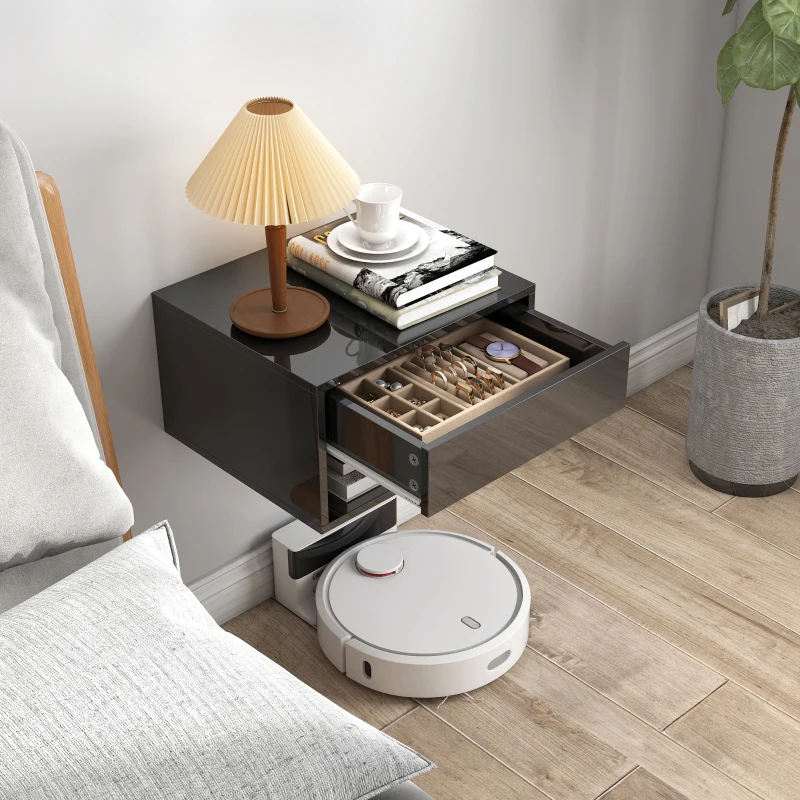 HOMCOM Floating Bedside Tables Set of 2, Wall-Mounted Nightstand, High Gloss Black