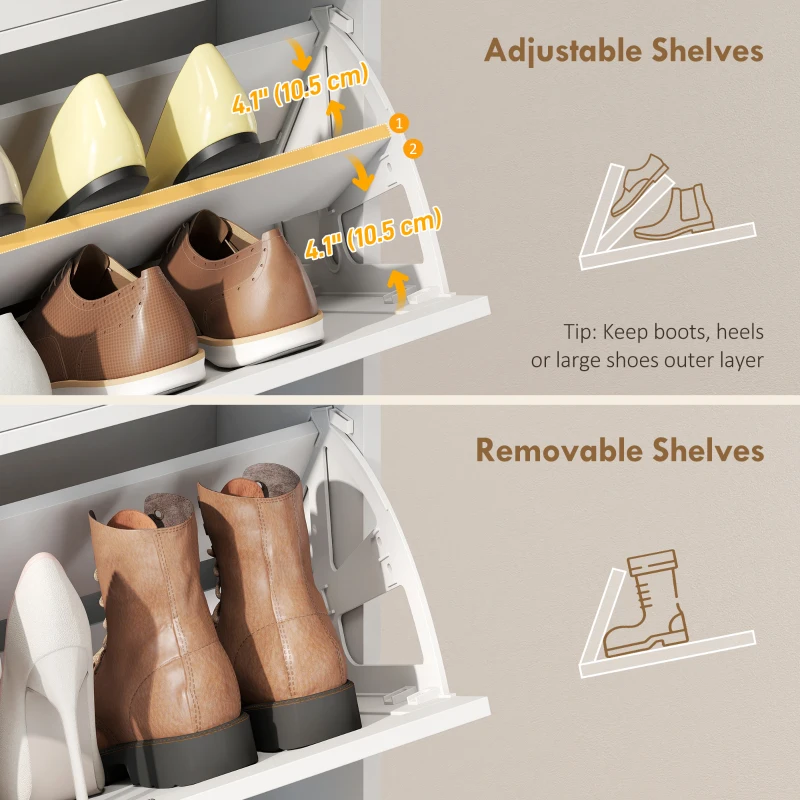 HOMCOM Shoe Cabinet with 2 Large Flip Drawers, Farmhouse Narrow Shoe Storage Cabinet with 2 Top Compartments, White