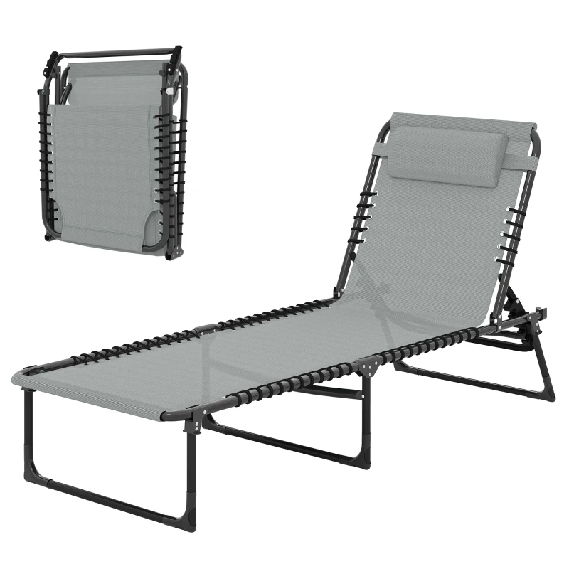 Outsunny Folding Lounge Chair, Adjustable Chaise Lounge with Headrest, Reclining Lounger Cot for Camping, Hiking, Light Grey