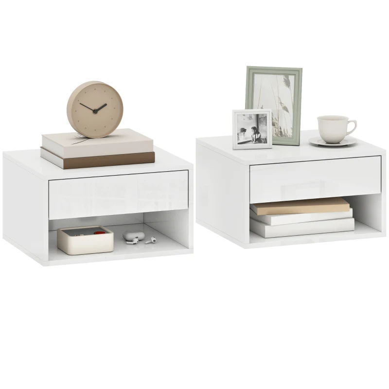 HOMCOM Floating Bedside Tables Set of 2, Wall-Mounted Nightstand, High Gloss White