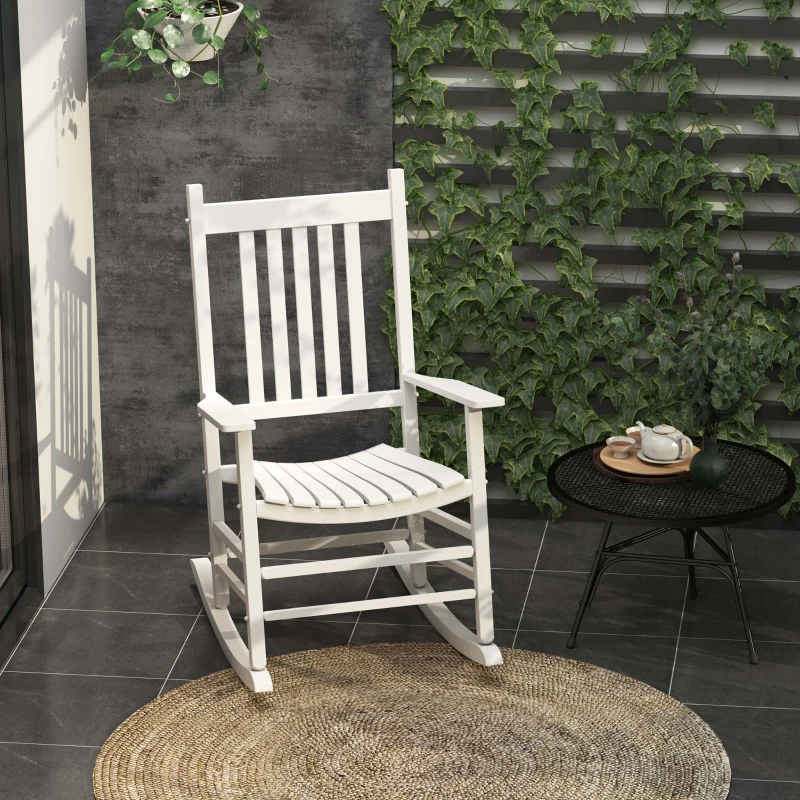 Outsunny Wooden Outdoor Rocking Chair with Armrests, High Back for Garden, Patio, Balcony, Porch, White