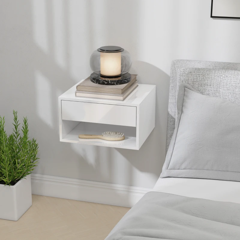 HOMCOM Floating Bedside Tables Set of 2, Wall-Mounted Nightstand, High Gloss White