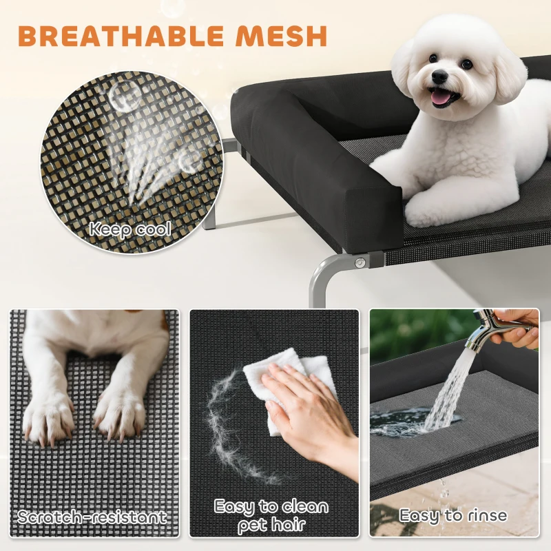 PawHut Elevated Dog Bed, Portable Raised Dog Cot with Breathable Mesh, Removable and Water-Resistant Bolsters, Black