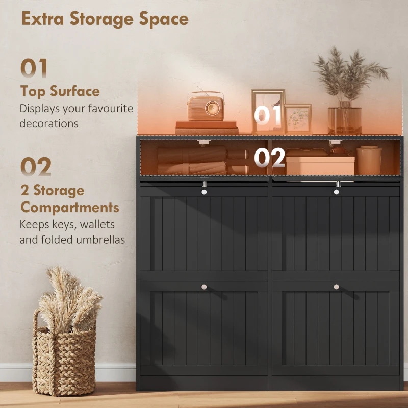 HOMCOM Shoe Cabinet with 2 Large Flip Drawers, Farmhouse Narrow Shoe Storage Cabinet with 2 Top Compartments, Black