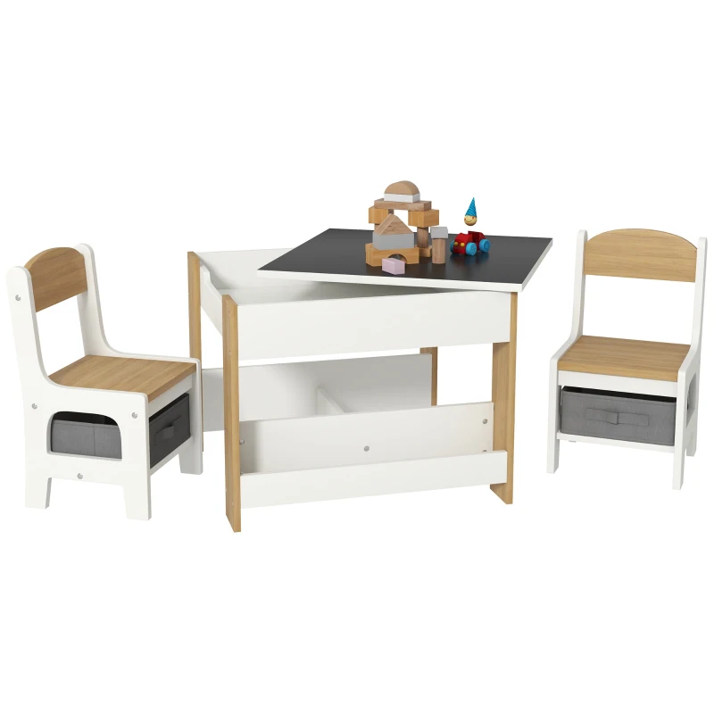 Qaba 3pc Kids Table and Chair Set with Reversible Tabletop Blackboard, Storage & Bookshelves, Natural