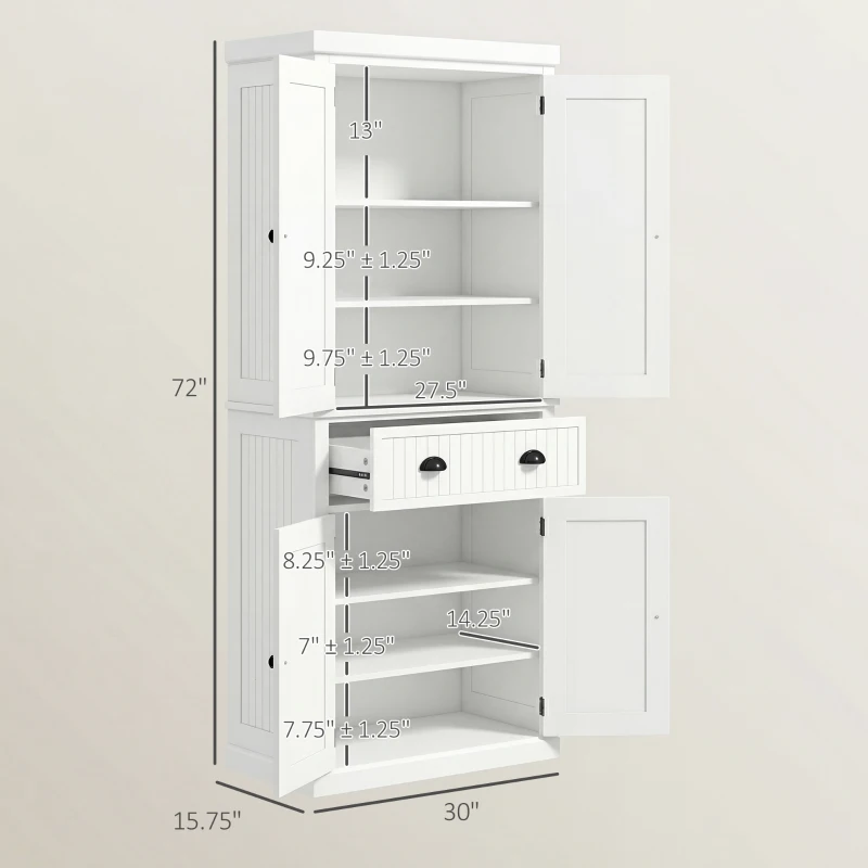 HOMCOM 72" Kitchen Pantry Storage Cabinet, Cupboard w/ 4 Doors and 3 Adjustable Shelves, Large Central Drawer, Cream White