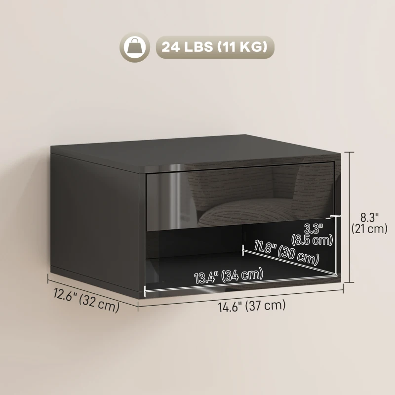 HOMCOM Floating Bedside Tables Set of 2, Wall-Mounted Nightstand, High Gloss Black