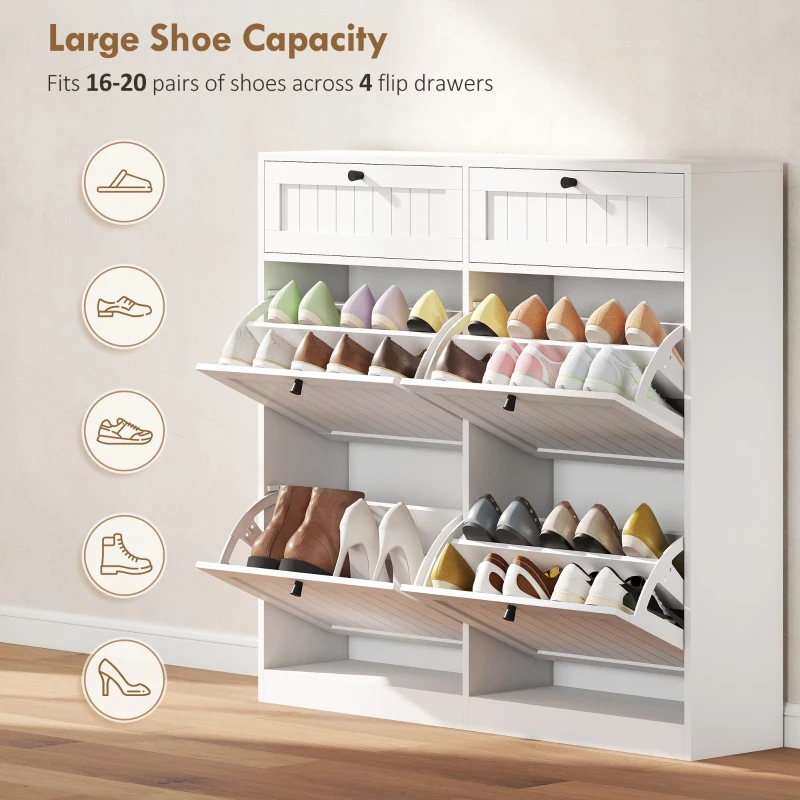 HOMCOM Shoe Cabinet with 2 Large Flip Drawers, Farmhouse Narrow Shoe Storage Cabinet with 2 Top Compartments, White