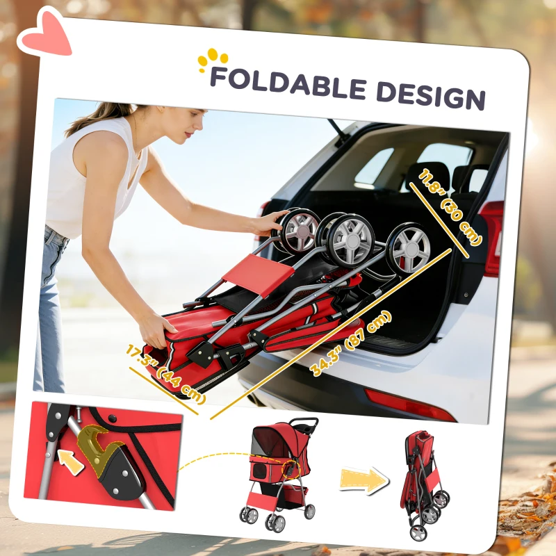 PawHut Pet Stroller with Reflective Strips, Foldable Cat Stroller with 360° Swivel Wheels for Small Dogs and Cats, Red