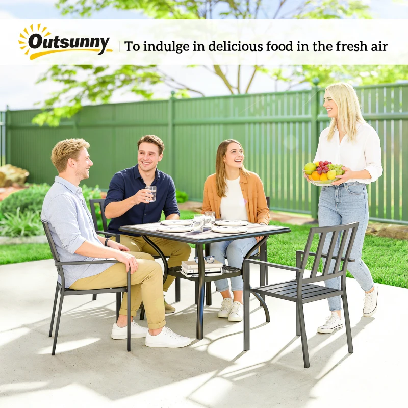 Outsunny Outdoor Dining Table for 4, Square Patio Table with Umbrella Hole, Shelf, Faux Wood Top for Garden, Backyard, Grey