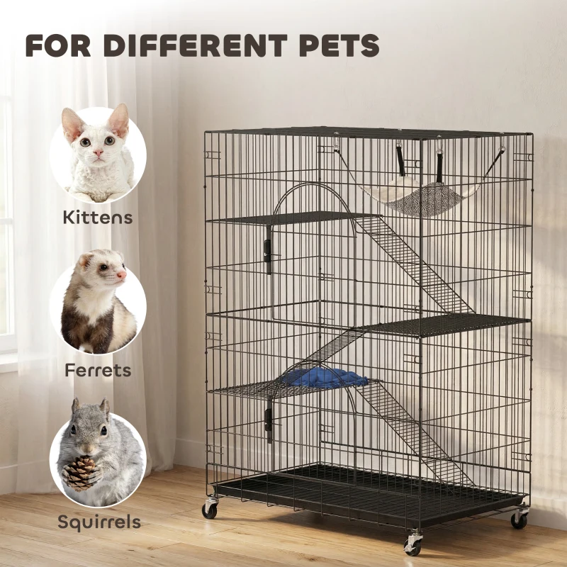 PawHut 4-Tier Cat Cage, Large Cat Enclosure with Lockable Wheels, Tray, Hammock, Bed, 3 Ramp, 3 Platforms for 3-5 Kittens