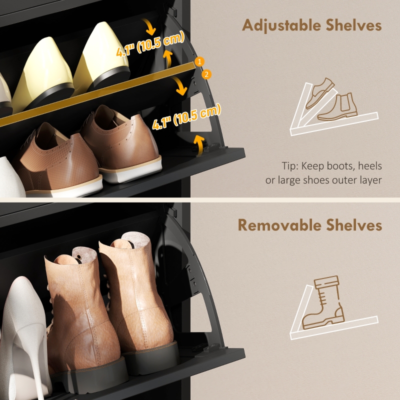 HOMCOM Shoe Cabinet with 2 Large Flip Drawers, Farmhouse Narrow Shoe Storage Cabinet with 2 Top Compartments, Black