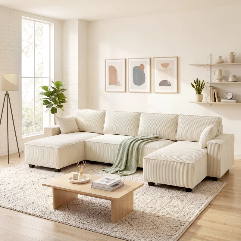 HOMCOM Modular U Shaped Couch, Sectional Sofa with Double Chaises and Spring Cushions, Beige