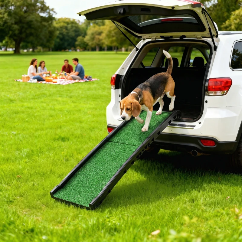PawHut Folding Dog Ramp for Car, 61 Inches Portable Pet Ramp with Non Slip Grass Surface, Raised Side Rails