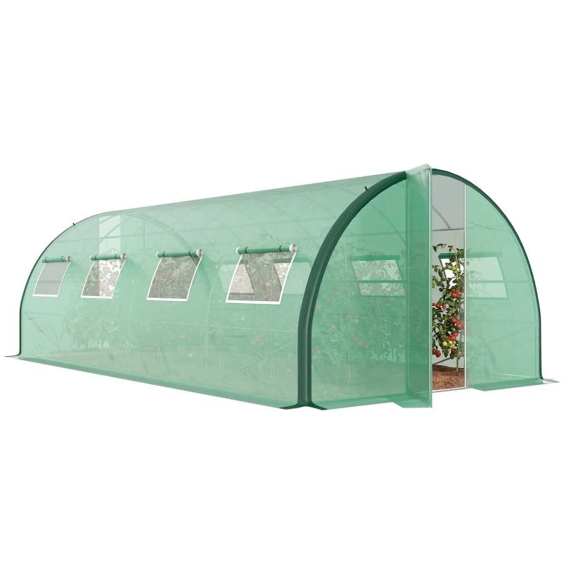 Outsunny Tunnel Greenhouse Walk-in Plant Warm House with 2 Hinged Doors, 8 Mesh Windows, 20' x 10' x 6.6', Green