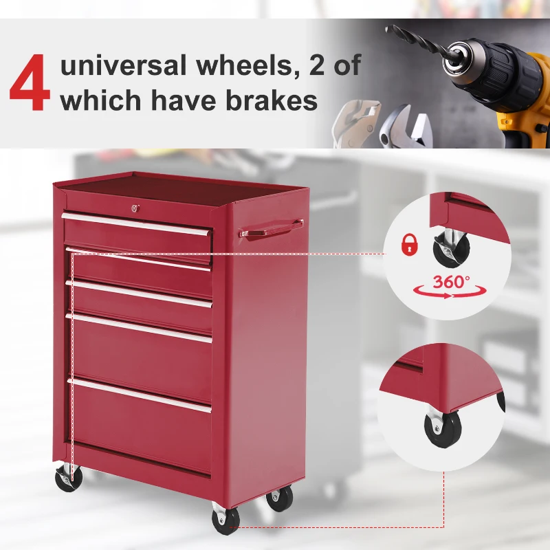 HOMCOM 5-Drawer Rolling Tool Cabinet on Wheels, Lockable Tool Chest, Tool Organizer for Garage, Factory and Workshop, Red