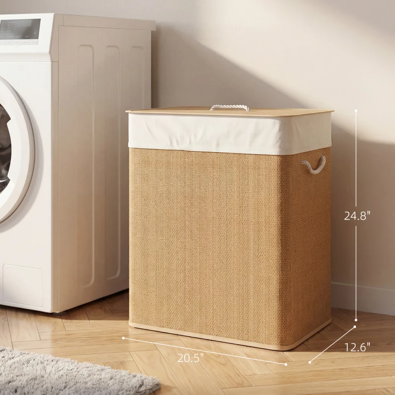 HOMCOM Double Laundry Basket with Lid, 26.4 Gallon Bamboo Laundry Hamper with Rope Handles and Removable Liner, Brown