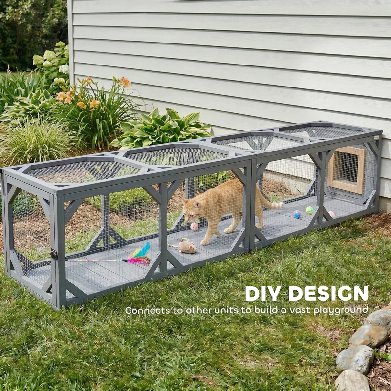 PawHut Cat Tunnel, Wooden Catio Outdoor Cat Enclosure with 2 Doors and Extendable Design, Wall-Mounted Pet Run