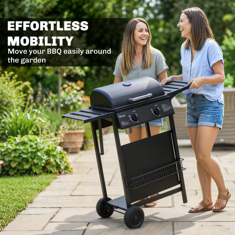 Outsunny 2-Burner Propane Gas Grill, 18000 BTU BBQ Grill with Wheels, Warming Rack, Shelf, Thermometer, Grease Cup, Black