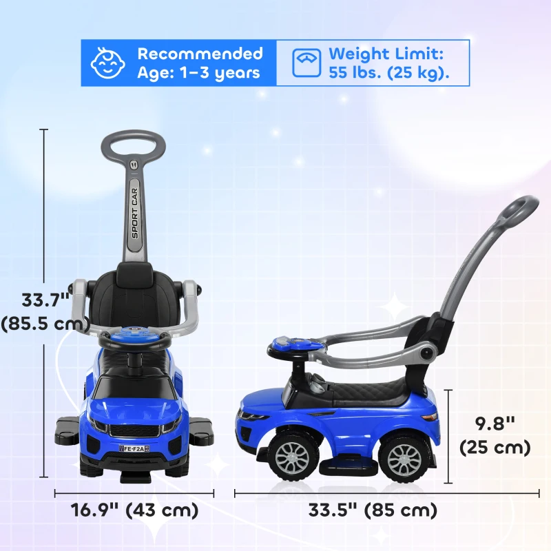 Aosom 3 in 1 Kid Ride on Push Car Sliding Car, Ride on Toy for Boy Girl Toddlers 18-36 Months, with Horn Music Light Function Secure Bar, Blue
