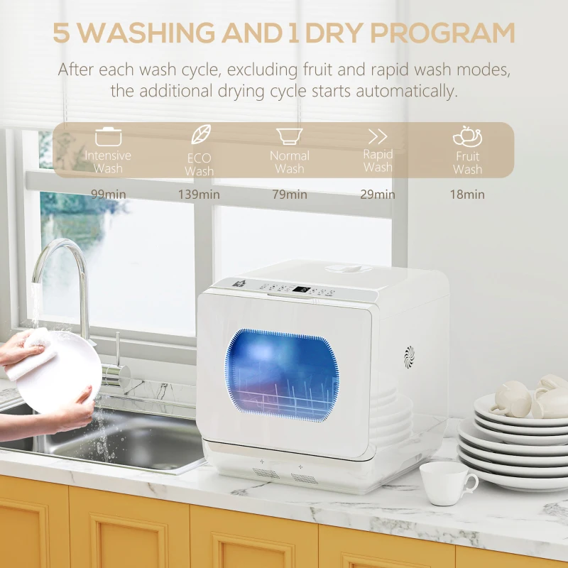 HOMCOM Portable Dishwasher, Counter Dishwasher with 4 Place Settings, 5 Washing Programs, Air-Dry Function, 6L Water Tank
