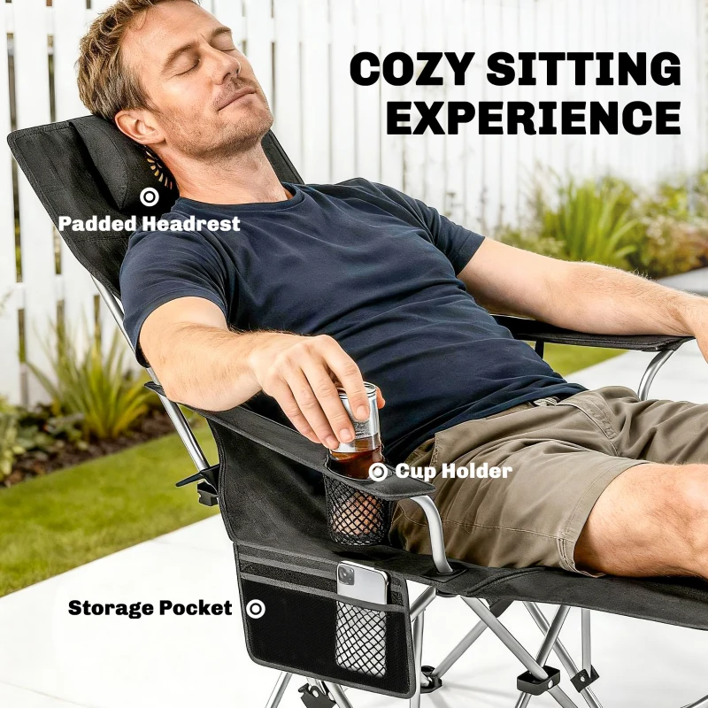 Outsunny Set of 2 Reclining Camping Chair with Foot Rest, Folding Camping Chair w/ Headrest, Cup Holder, Storage Bag, Black