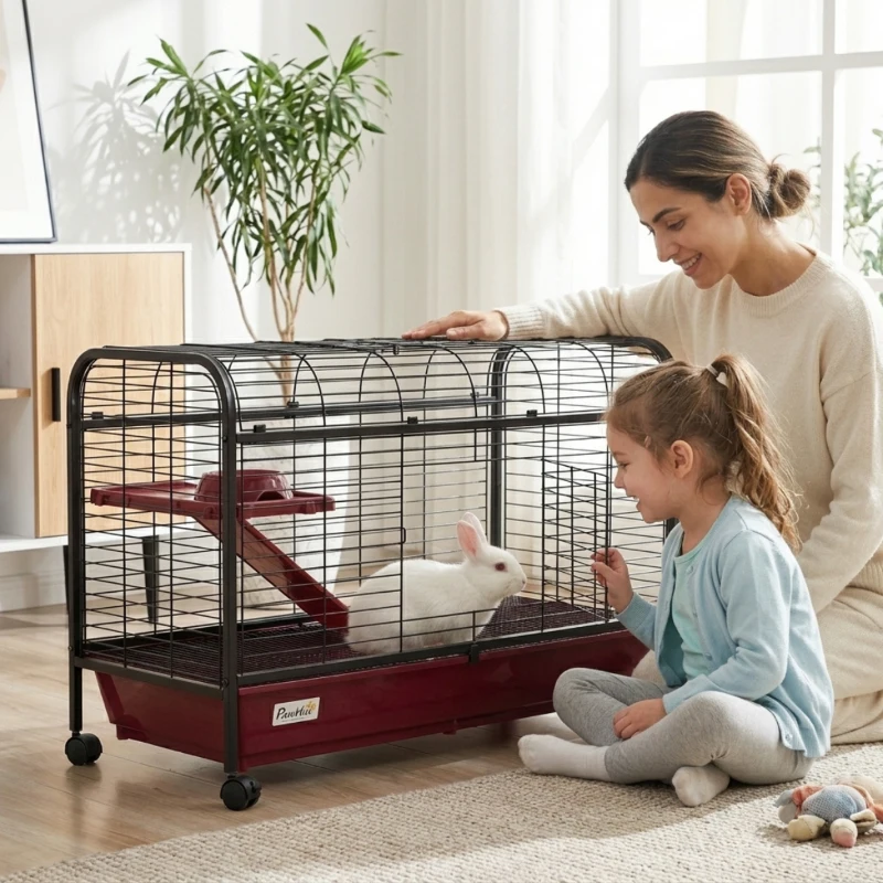 PawHut 41"L Small Animal Cage, Pet Play House for Rabbit Hutch Ferret with Feeder, Rolling Wheels, Platform, Ramp