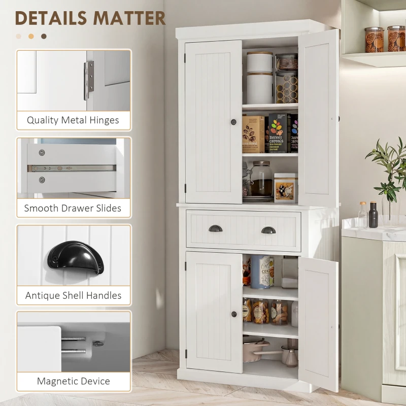 HOMCOM 72" Kitchen Pantry Storage Cabinet, Cupboard w/ 4 Doors and 3 Adjustable Shelves, Large Central Drawer, Cream White