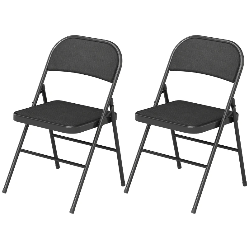 HOMCOM Set of 2 Metal Foldable Chairs, Linen Fabric Padded Folding Chairs with Cushion Seat and Open Back for Indoor, Black