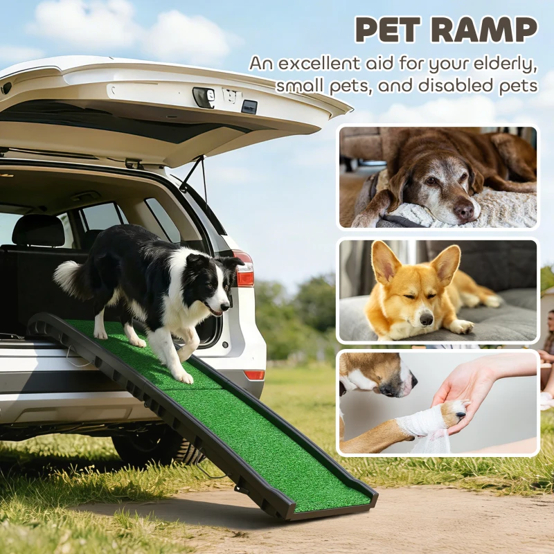 PawHut Folding Dog Ramp for Car, 61 Inches Portable Pet Ramp with Non Slip Grass Surface, Raised Side Rails