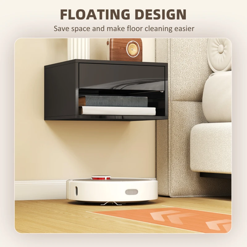 HOMCOM Floating Bedside Tables Set of 2, Wall-Mounted Nightstand, High Gloss Black