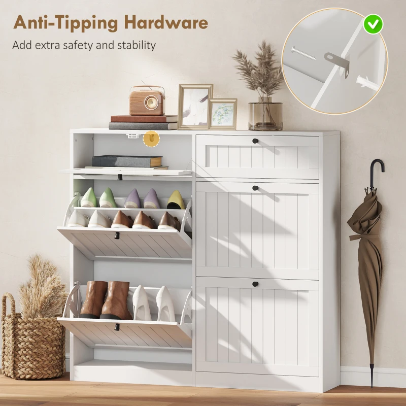 HOMCOM Shoe Cabinet with 2 Large Flip Drawers, Farmhouse Narrow Shoe Storage Cabinet with 2 Top Compartments, White