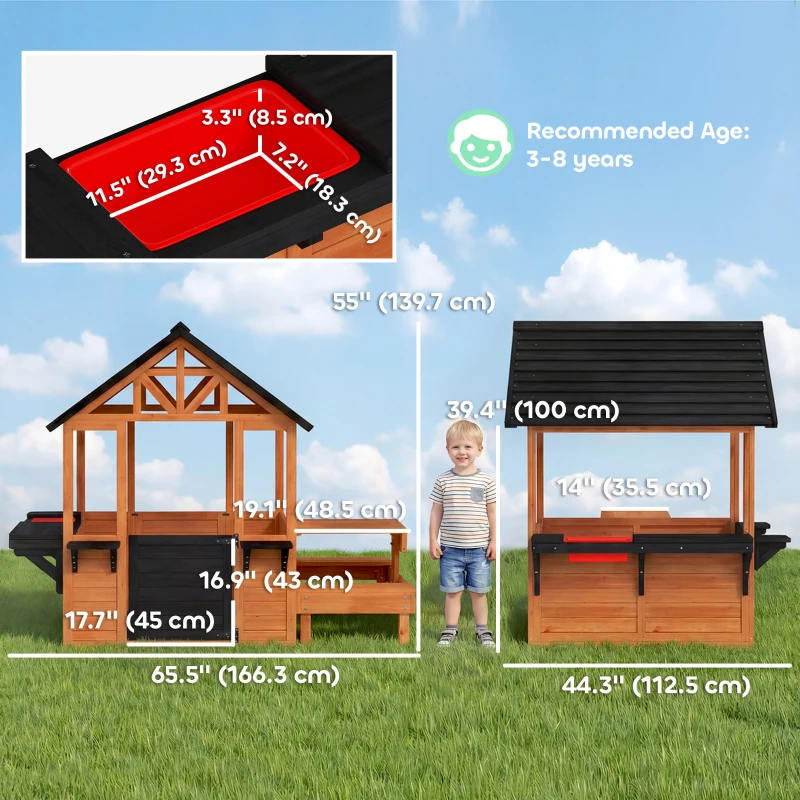 Qaba Wooden Playhouse Playhouse for Kids with Table, Benches, Sink Table, Windows, Flowerpot Holders, for Ages 3-8, Brown