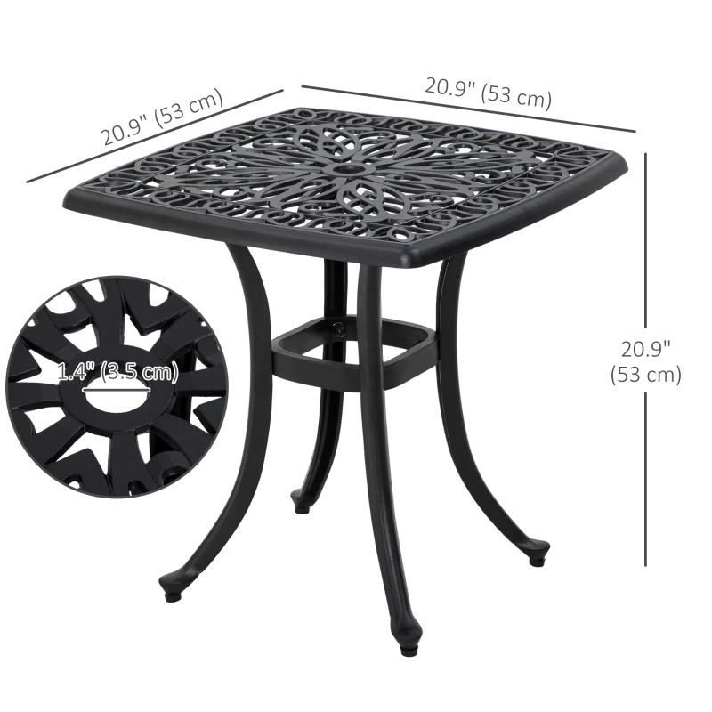 Outsunny 21" Square Outdoor End Table, Cast Aluminum Patio Side Table with Umbrella Hole for Garden, Balcony, Poolside, Black