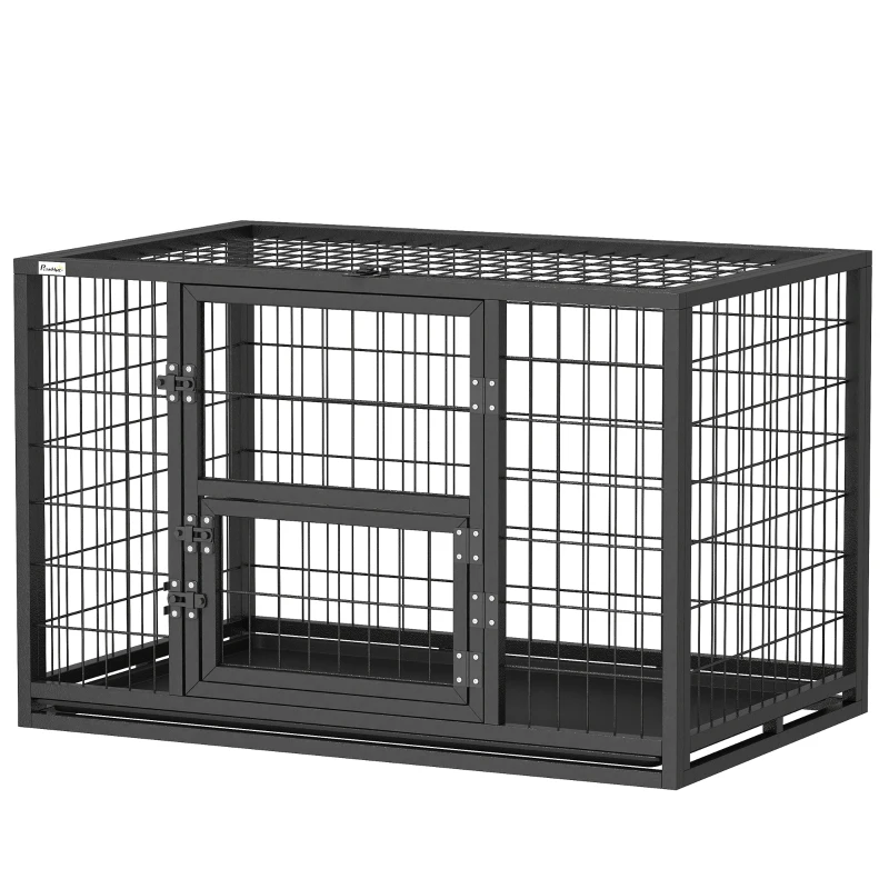 PawHut 37 Inch Heavy Duty Dog Crate, Large Metal Dog Kennel with Removable Tray, 3 Doors and Secure Lock