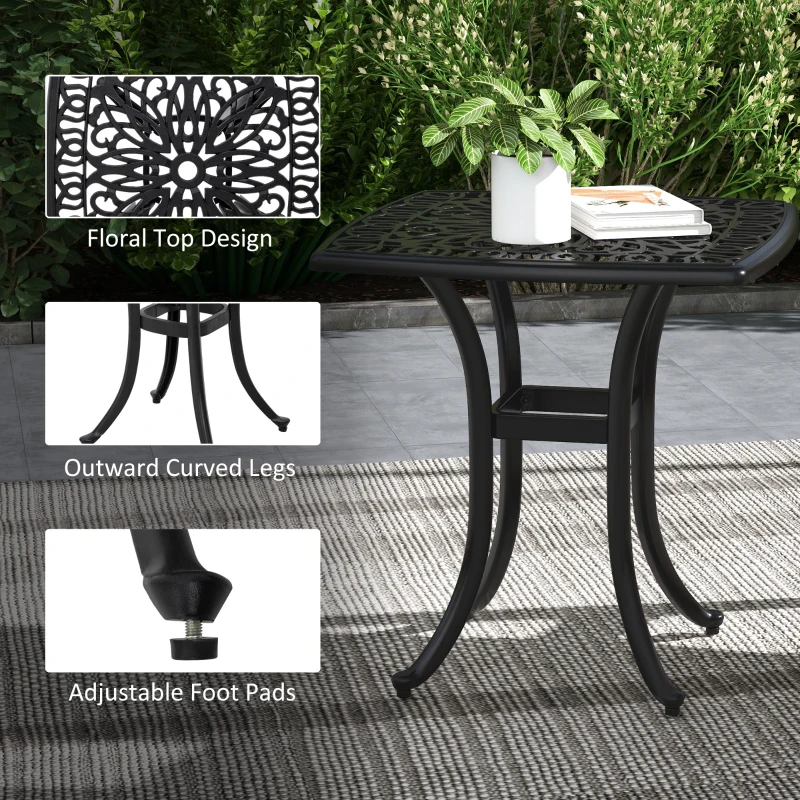 Outsunny 21" Square Outdoor End Table, Cast Aluminum Patio Side Table with Umbrella Hole for Garden, Balcony, Poolside, Black