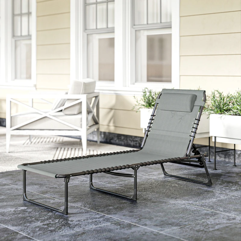 Outsunny Folding Lounge Chair, Adjustable Chaise Lounge with Headrest, Reclining Lounger Cot for Camping, Hiking, Light Grey