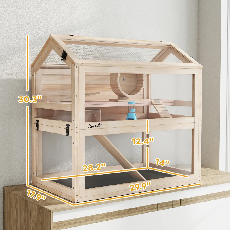 PawHut Wooden Hamster Cage, 3-Tier Small Animal Cage with Hut, Seesaw, Ramps, Exercise Wheel, Acrylic Panel and Bottom Tray