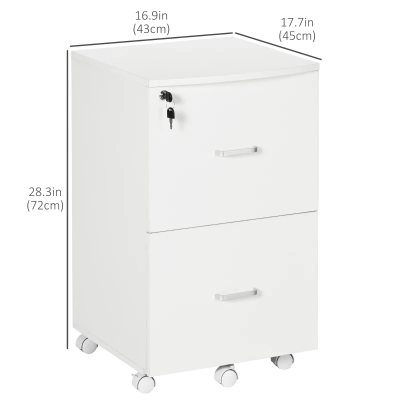 Vinsetto 2 Drawer File Cabinet with Lock, Small Rolling Filing Cabinet for A4, Letter-Size Documents, Printer Stand for Home Office, 17" x 17.75" x 28.25", White
