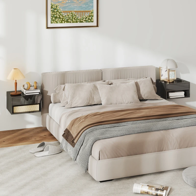 HOMCOM Floating Bedside Tables Set of 2, Wall-Mounted Nightstand, High Gloss Black