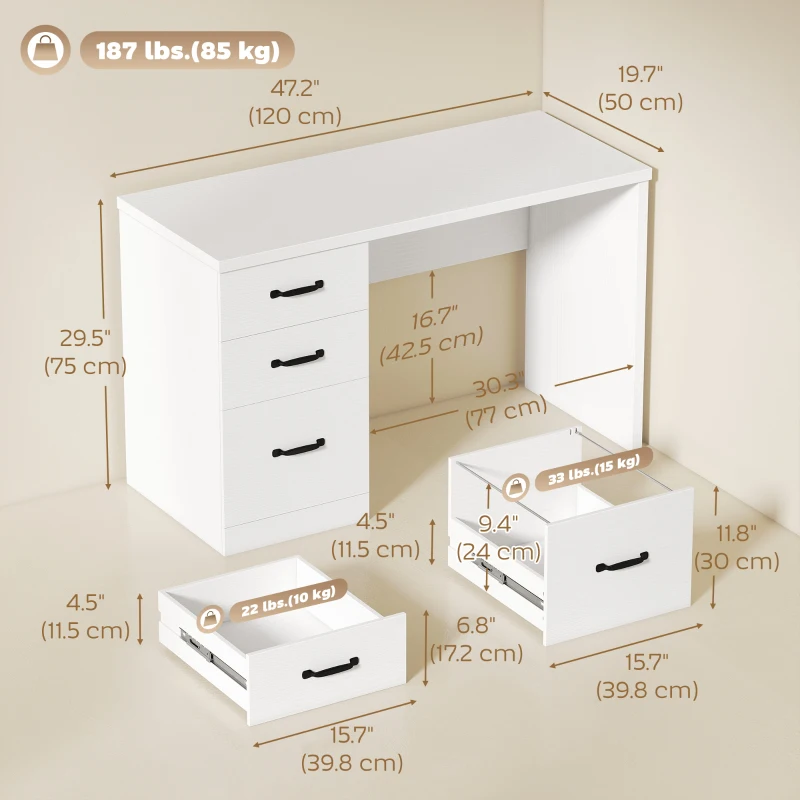 HOMCOM Computer Desk with 3 Drawers, 47" Home Office Desk with Adjustable Hanging Rails for Letter A4 Files, White