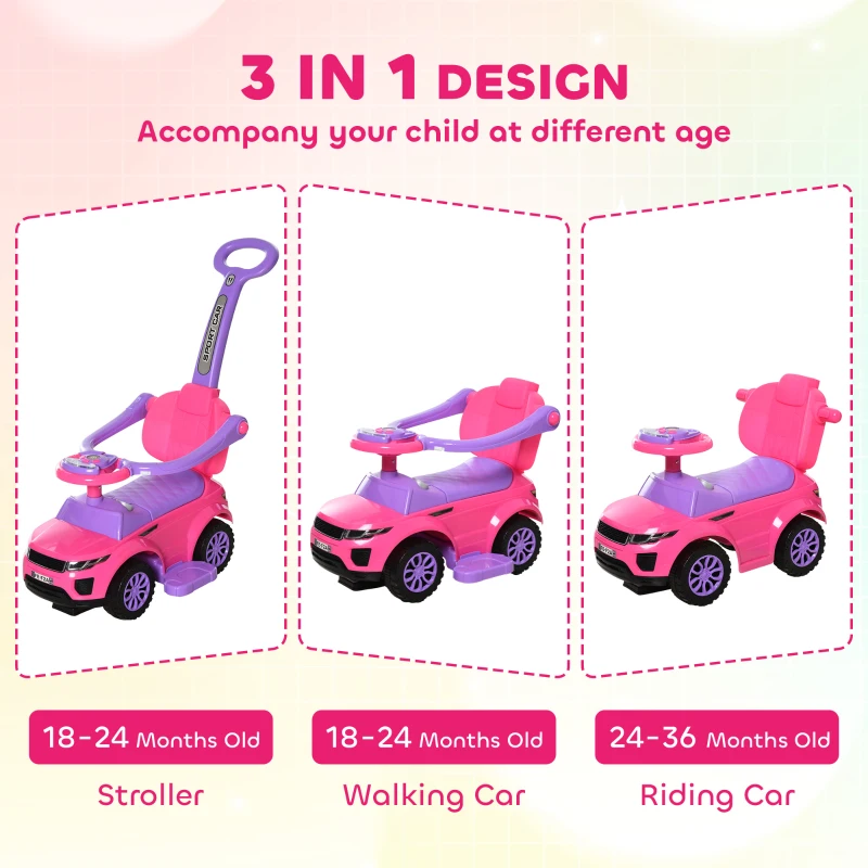 Aosom 3 In 1 Push Cars for Toddlers Kid Ride on Push Car Stroller Sliding Car with Horn Music Light Function Secure Bar Ride on Toy for Boy Girl 18-36 Months, Pink