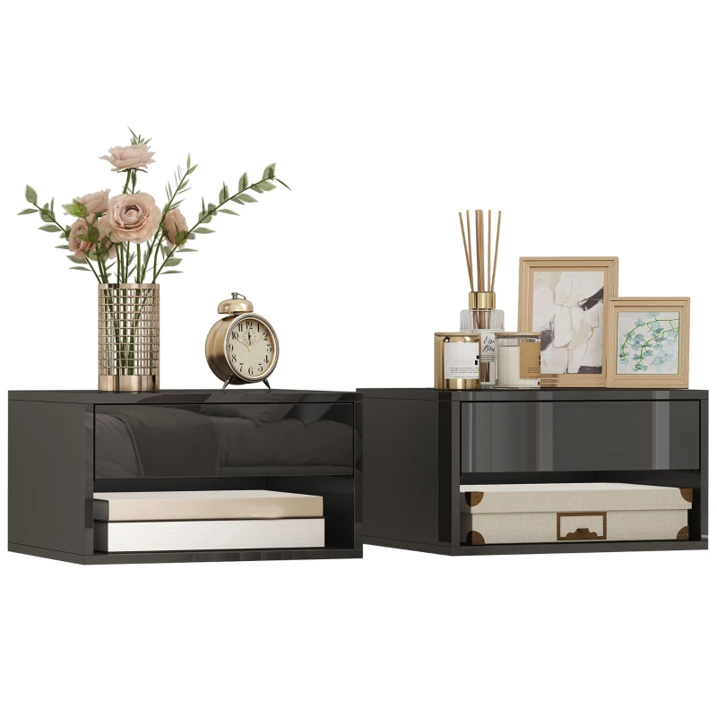 HOMCOM Floating Bedside Tables Set of 2, Wall-Mounted Nightstand, High Gloss Black