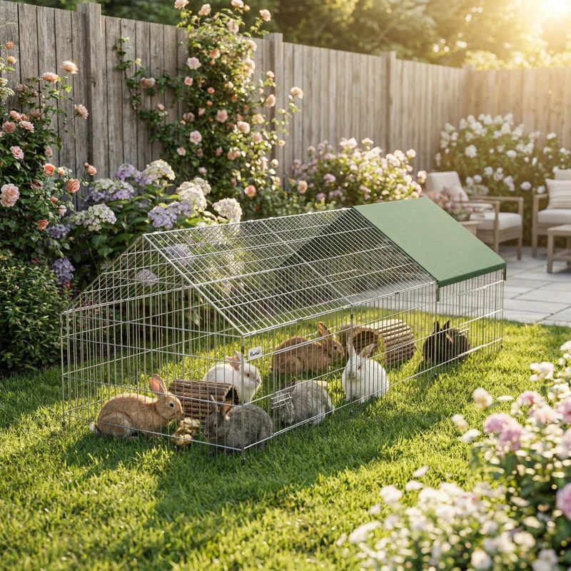 PawHut Metal Chicken Coop with UV-Resistant Cover for Rabbits, Ducks, Turtles, Guinea Pigs, 106" x 29.5" x 29.5", Green