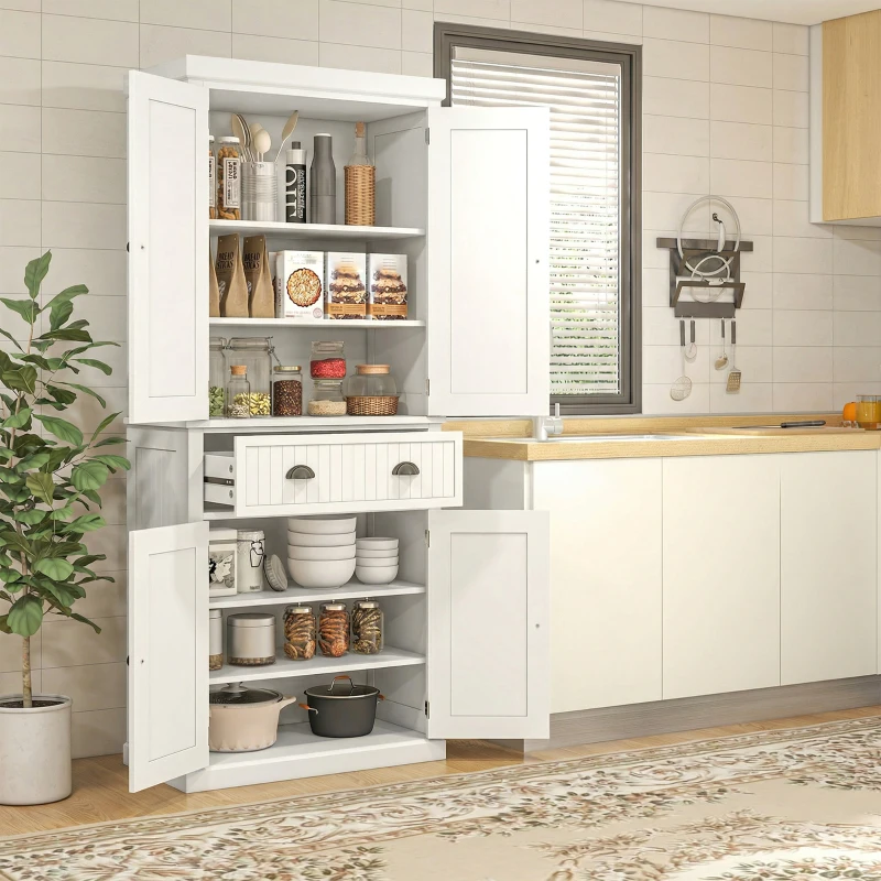 HOMCOM 72" Kitchen Pantry Storage Cabinet, Cupboard w/ 4 Doors and 3 Adjustable Shelves, Large Central Drawer, Cream White